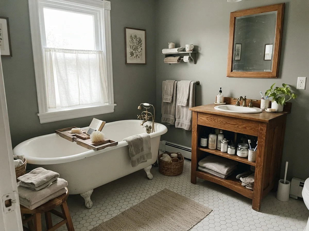 Cottage bathroom with white clawfoot tub, hex tile floor, and oak vanity against painted walls.