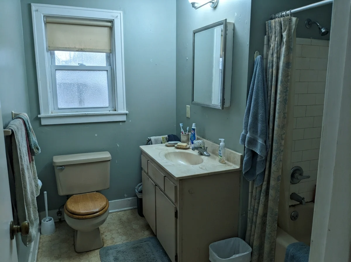 Modest bathroom showing cool cast on painted walls next to a beige vanity.