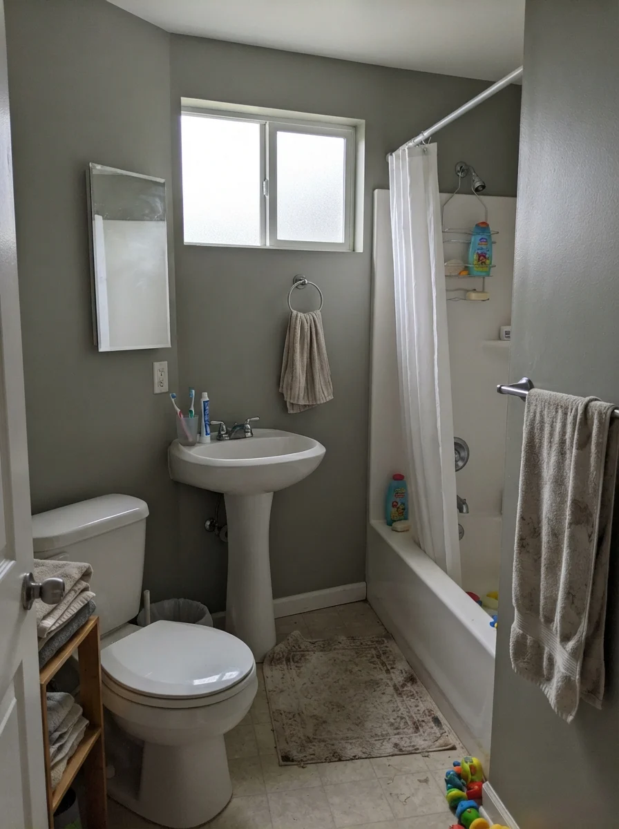 Small bathroom with painted walls and white fixtures under flat overcast light.