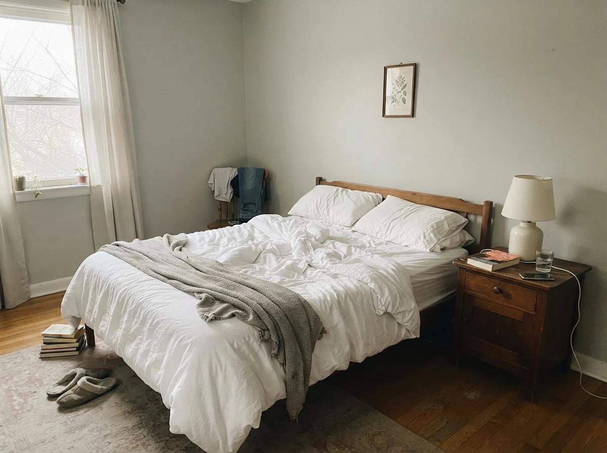 Simple bedroom in cool early-morning light with painted walls and wood nightstand.