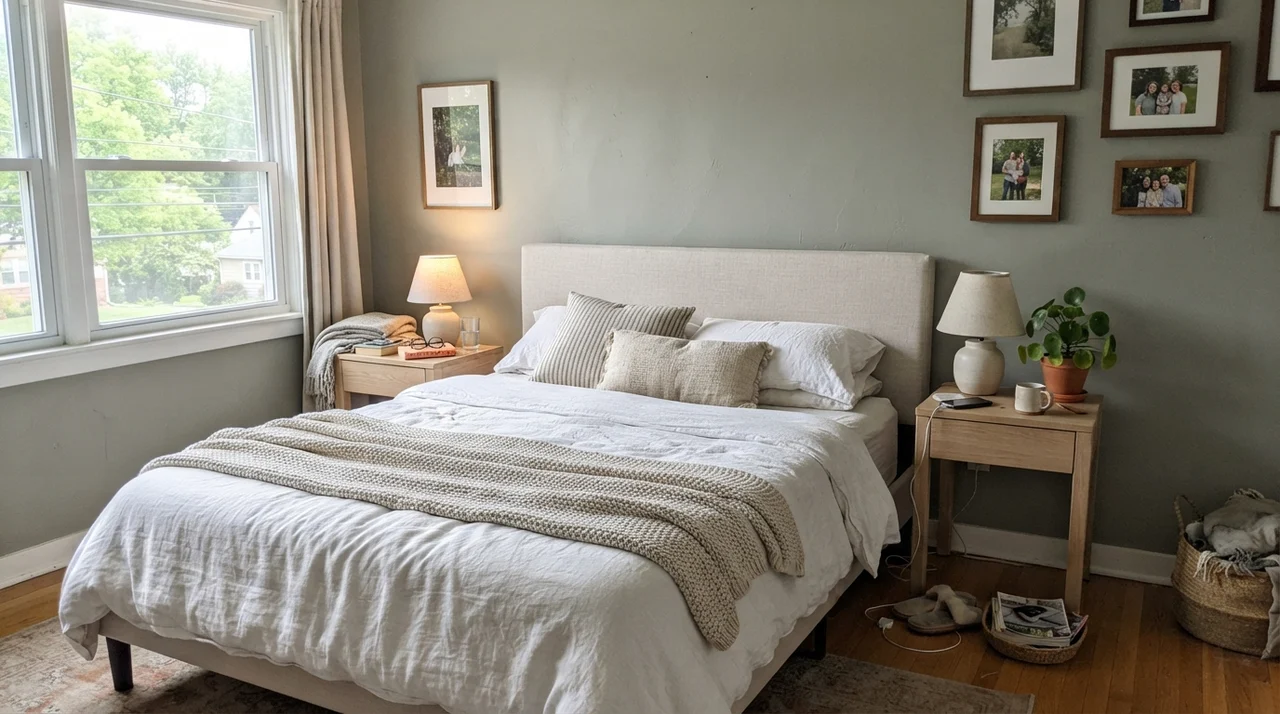 Main bedroom with painted walls, linen bedding, ceramic lamp, and pale oak nightstand.