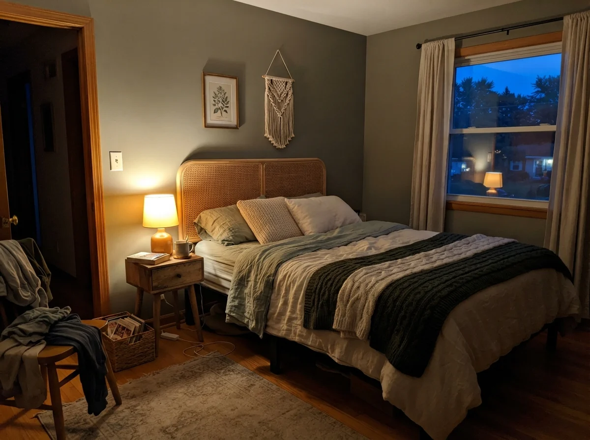 Cozy bedroom with painted walls illuminated by warm table lamp at evening.