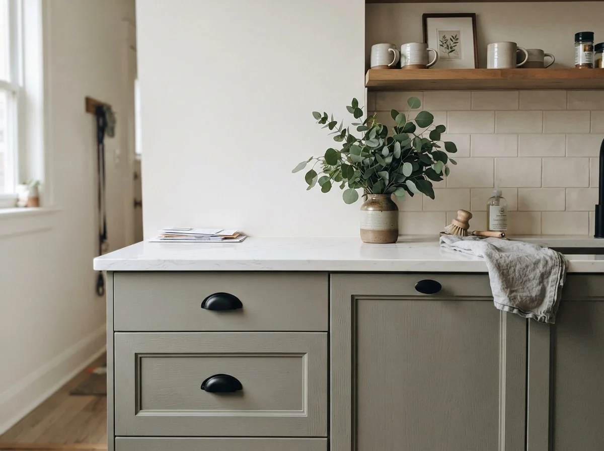 Close-up of painted shaker cabinets with matte black handles and quartz counters.