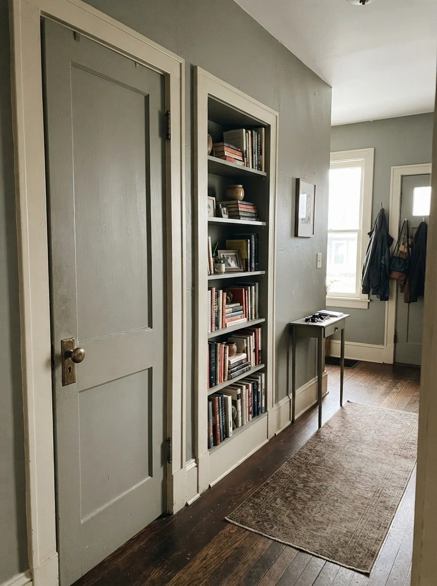 Hallway with painted interior door and built-in bookshelf with brass doorknob.