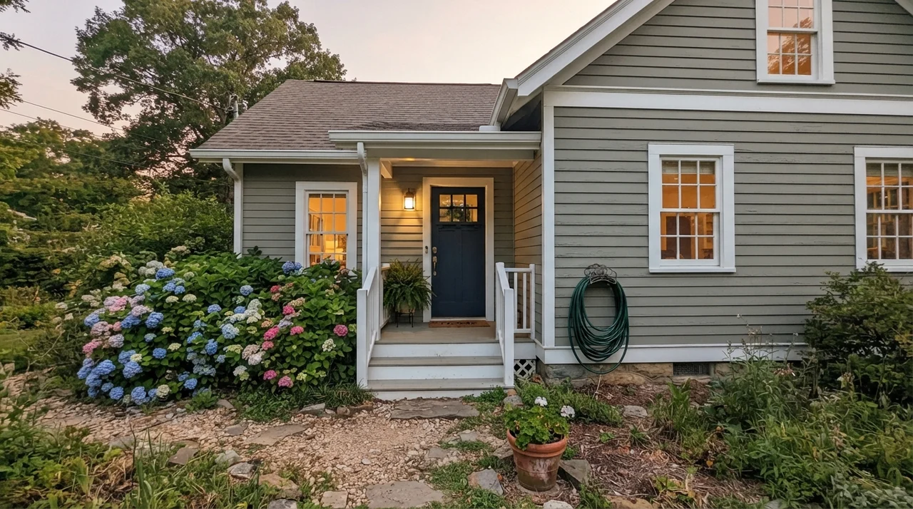 House exterior with horizontal painted siding, white trim, dark navy door, and small porch.
