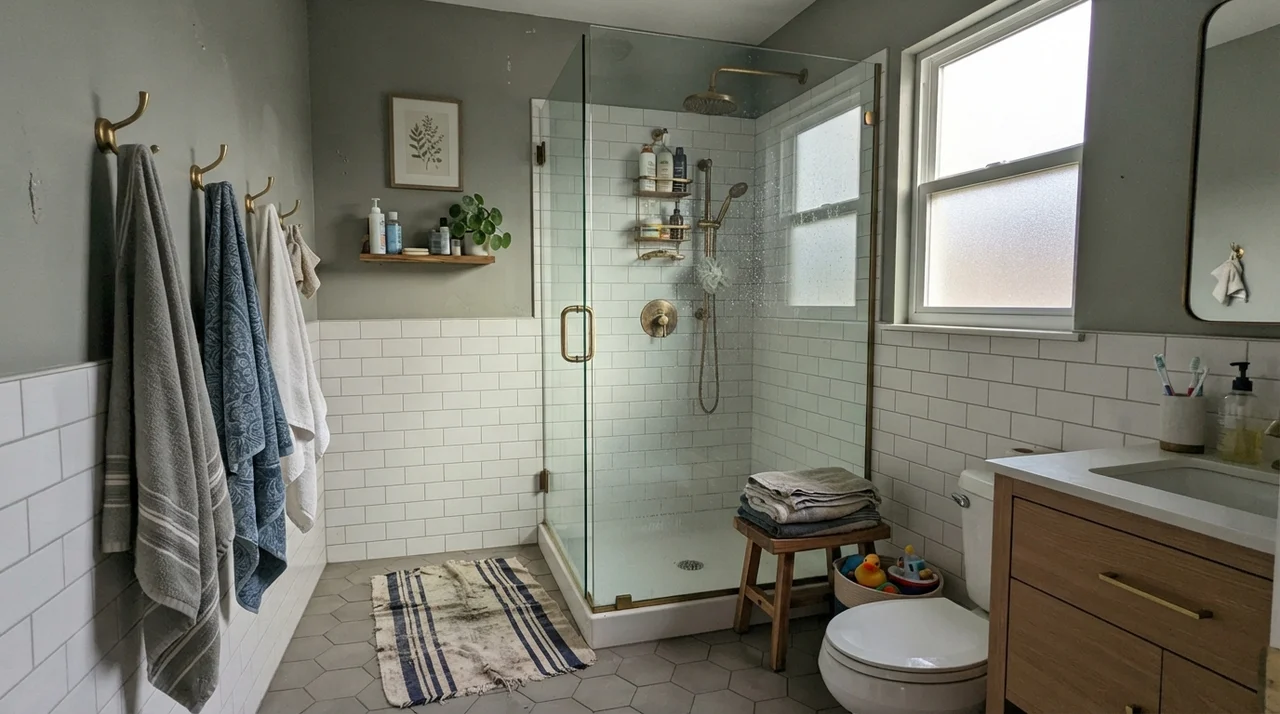 Family bathroom with painted upper walls above white subway tile wainscot, brass shower fixtures, and glass shower door.