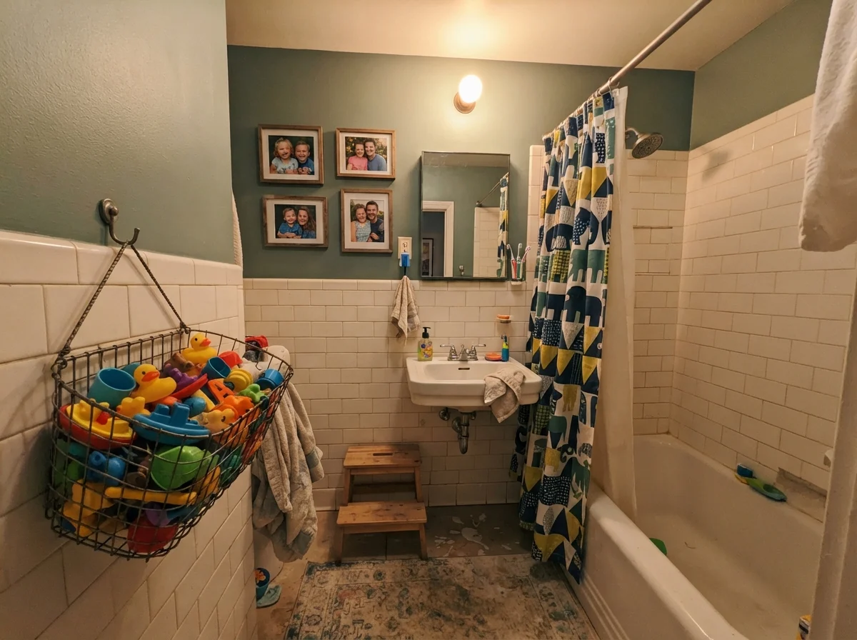 Kids bathroom with painted upper walls, subway tile, wire basket of bath toys, and photos.