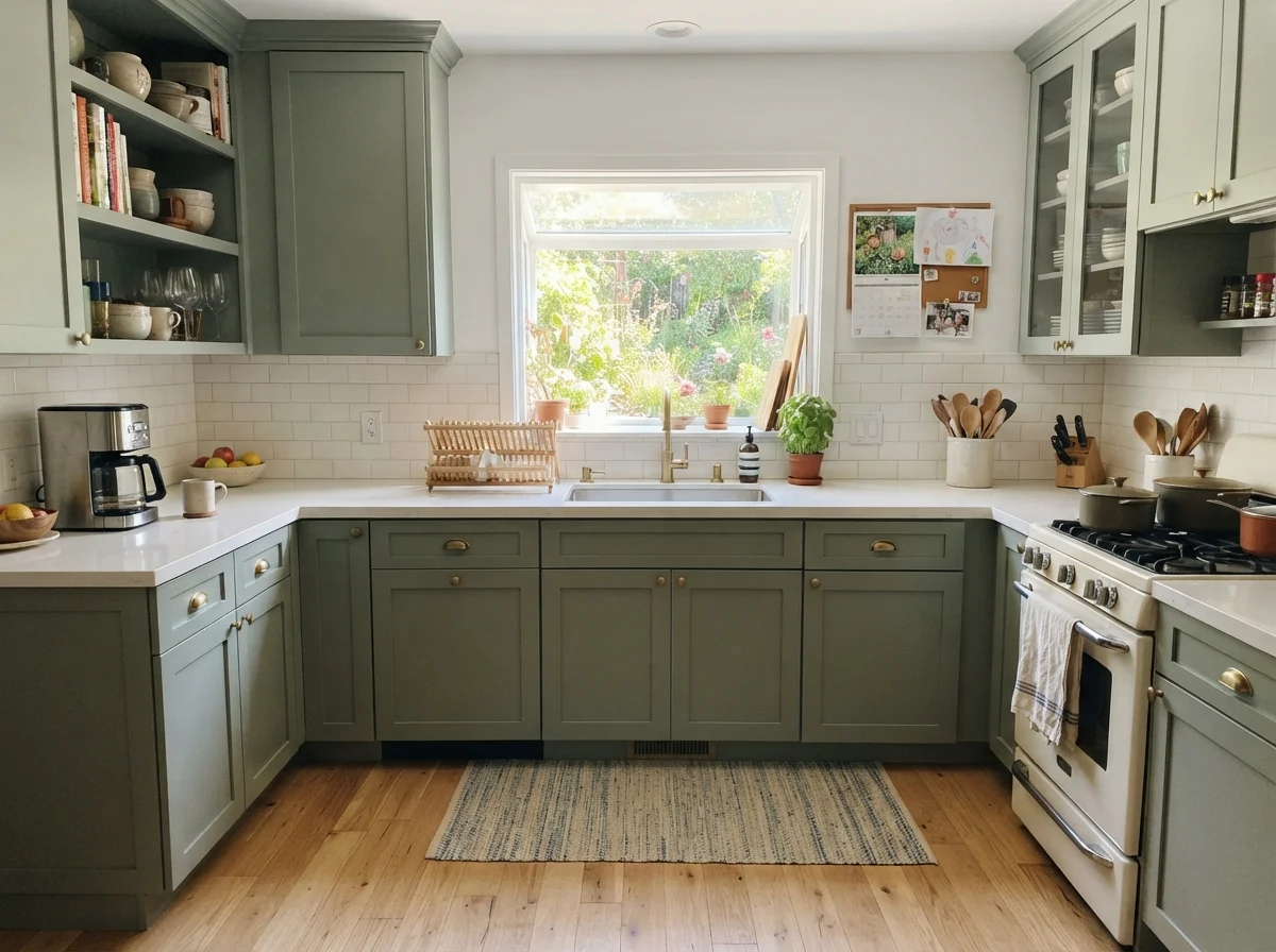 Kitchen with painted shaker uppers and lowers, white subway tile, and light oak floors.