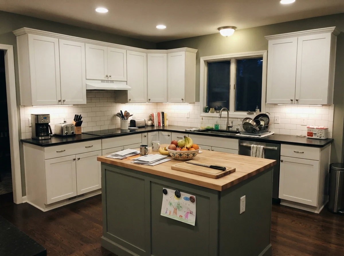 Kitchen island painted deep sage green surrounded by white cabinetry and cream walls.