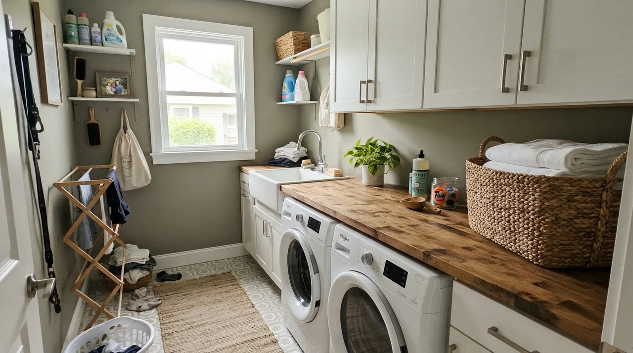 Bright laundry room with painted walls, butcher block counter, white cabinets, and washer dryer.