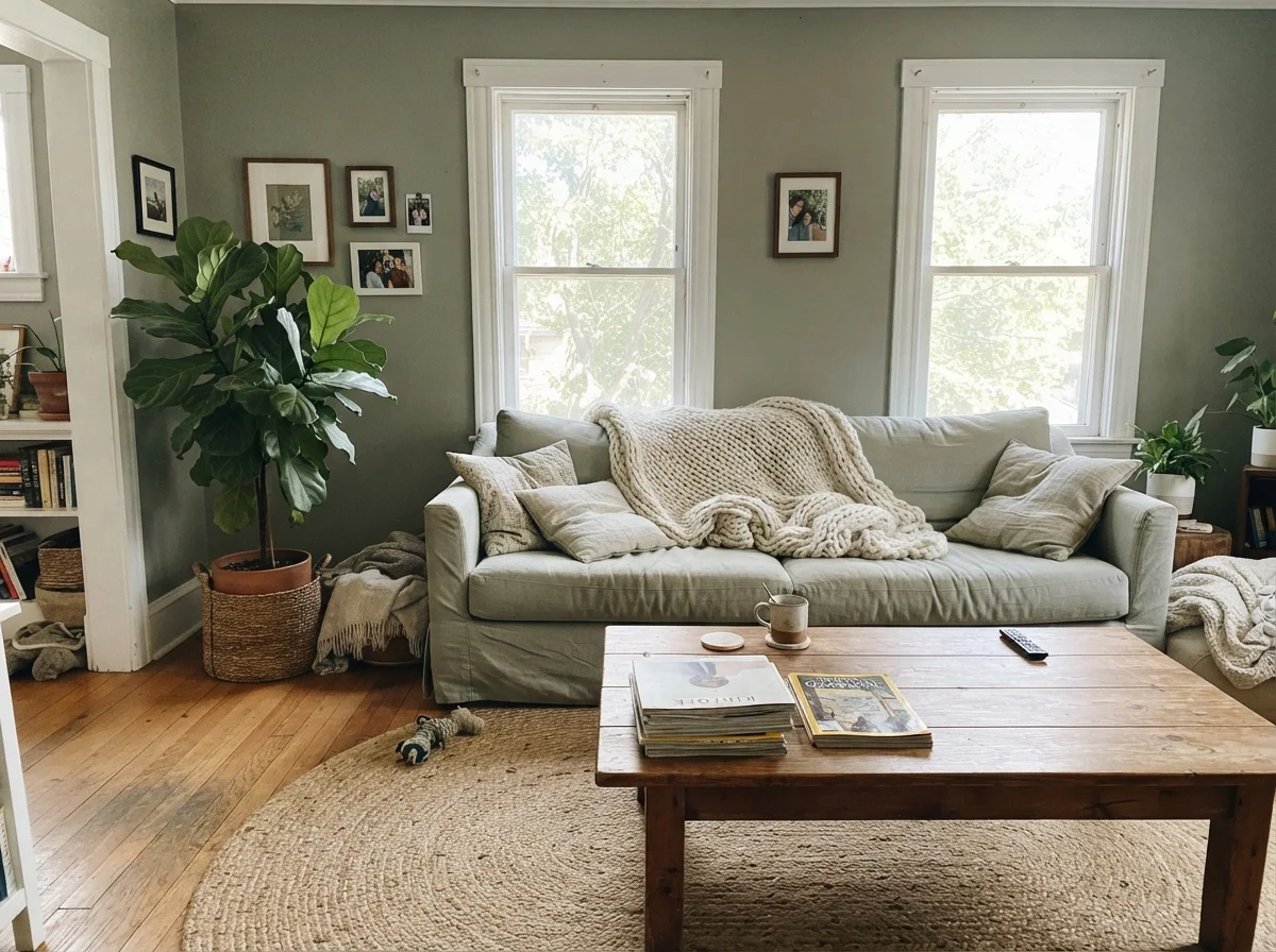 Bright living room with painted walls, linen sofa, wood coffee table, and jute rug.