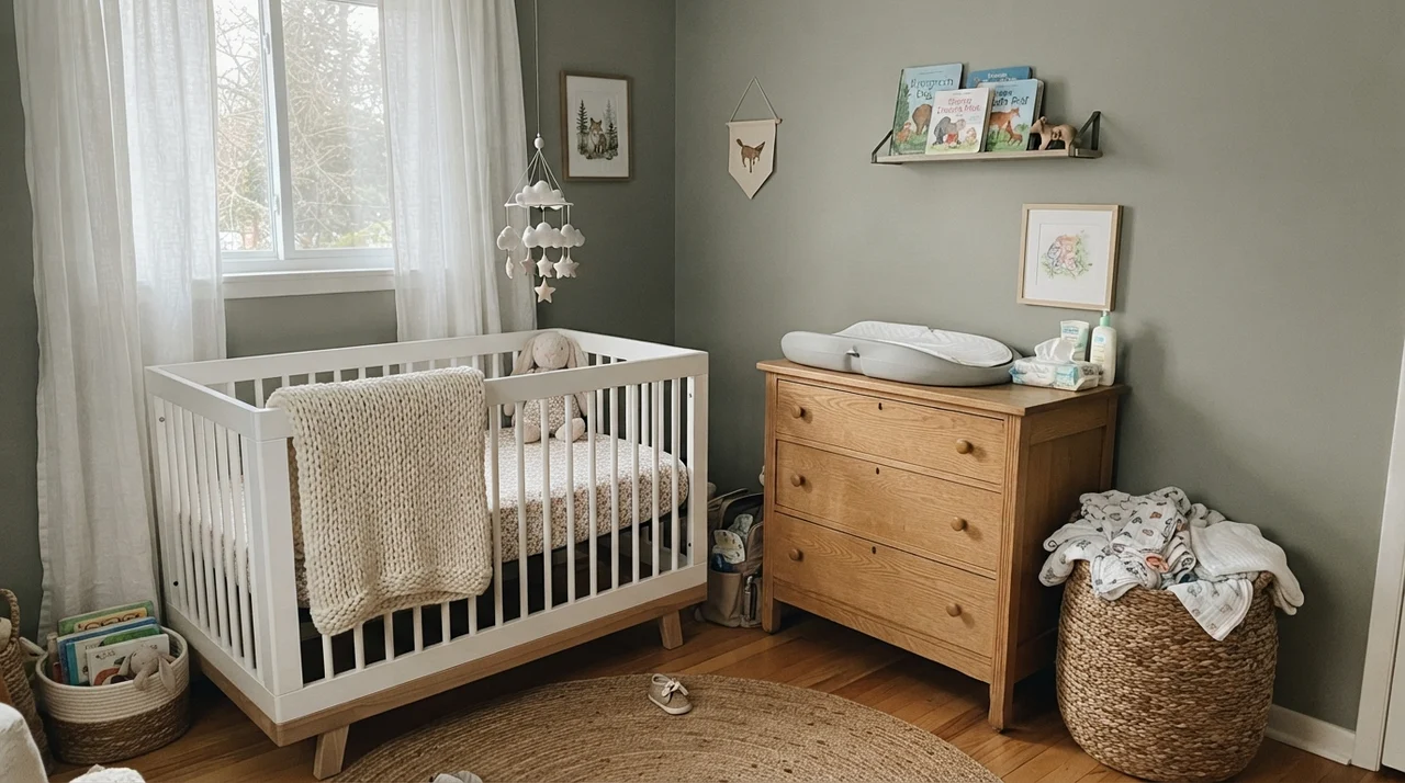 Nursery with painted walls, white crib, knit blanket, and light wood dresser.
