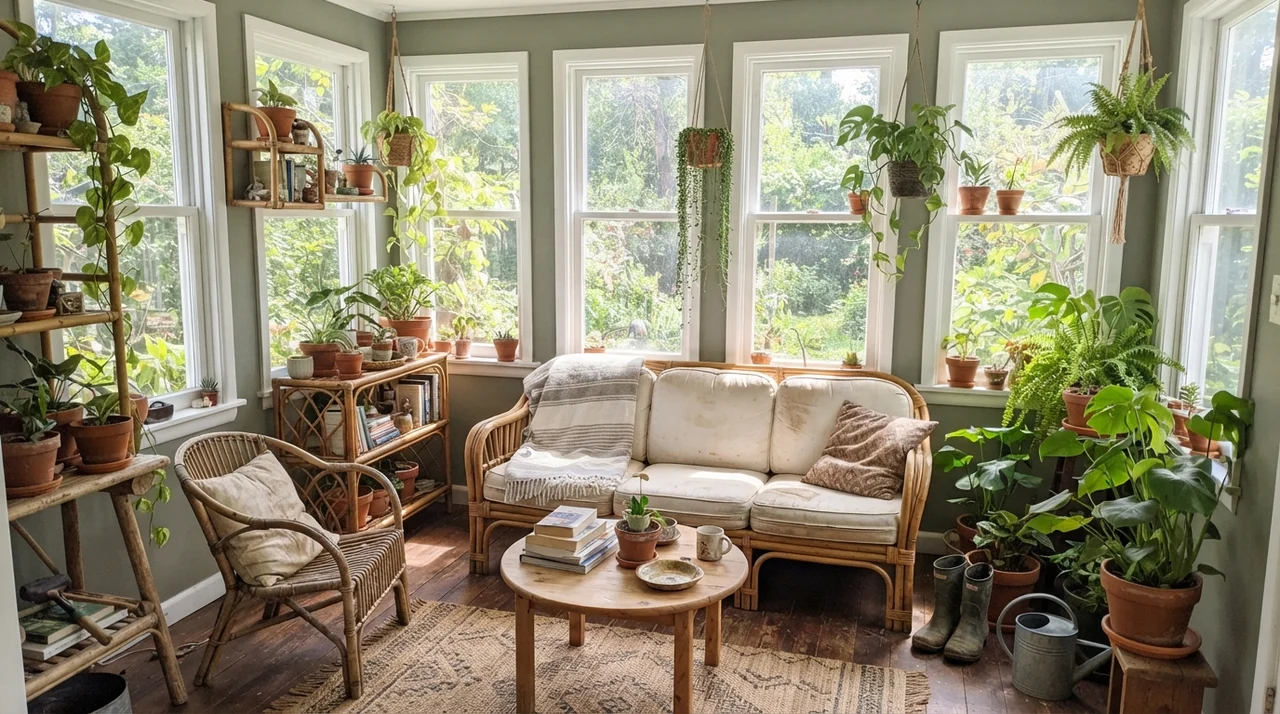 Bright sunroom with painted walls between white window frames, rattan furniture, and plants.