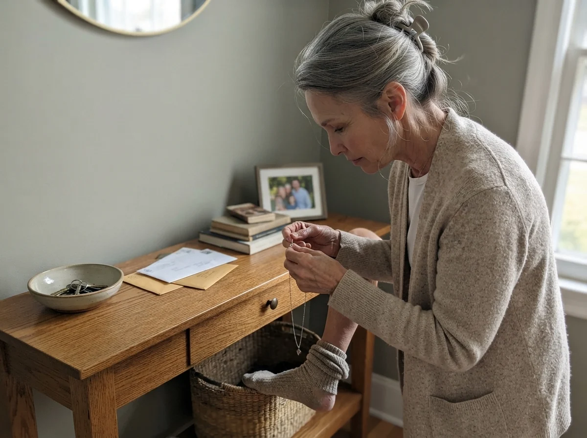 Susan untangling a necklace chain over a vintage oak console against Evergreen Fog walls.