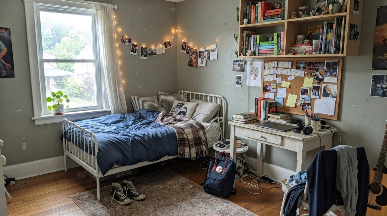 Teen bedroom with painted walls, white metal bed, small desk, and bookshelves.