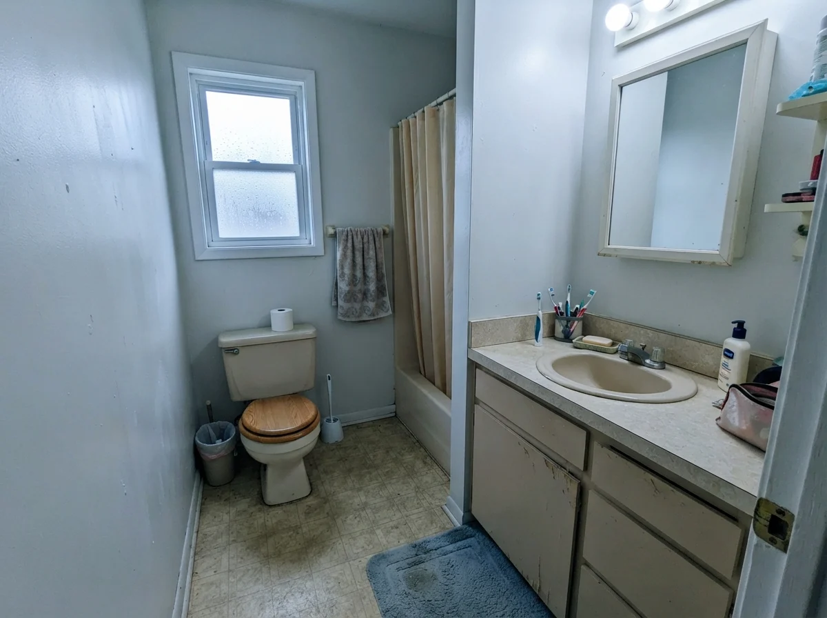 Modest bathroom with cool-cast painted walls and older beige vanity beside a window.