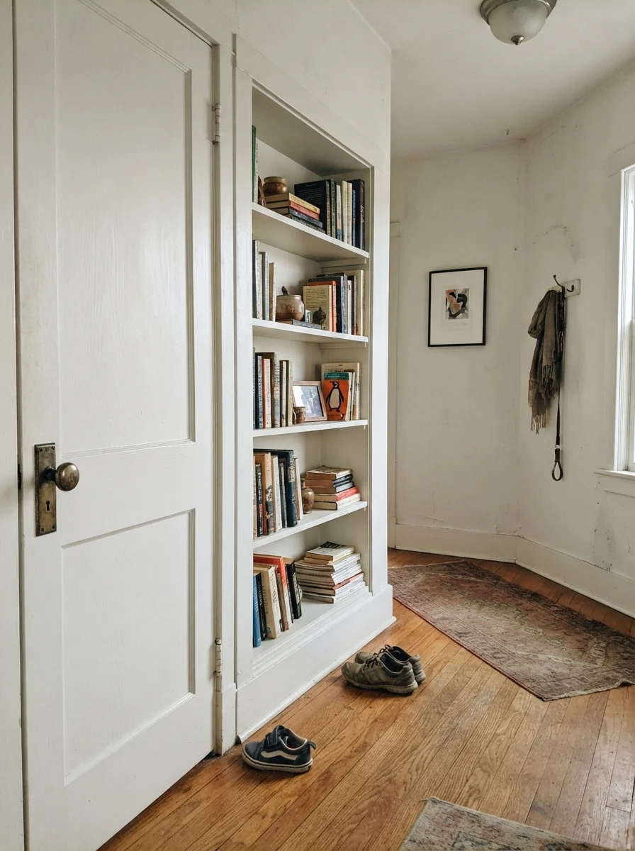 Two-panel interior door and built-in bookshelf painted crisp white with brass doorknob in hallway.