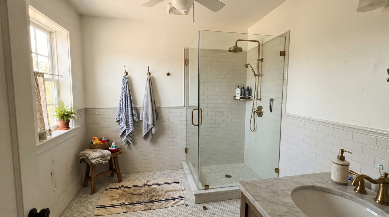 Bathroom upper walls painted white above white subway tile with brass shower fixtures.