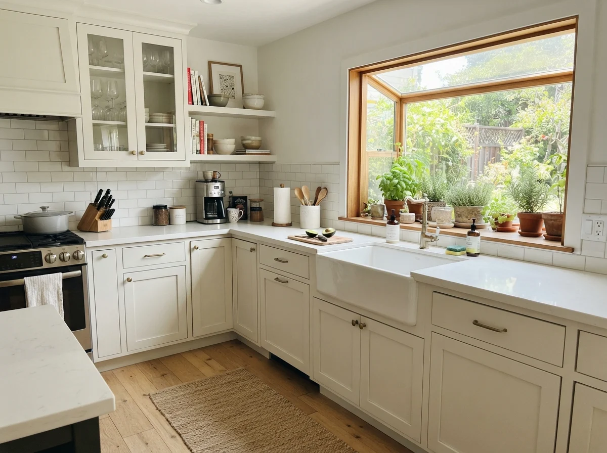 Kitchen shaker cabinets painted Extra White with subway backsplash and light oak floor.