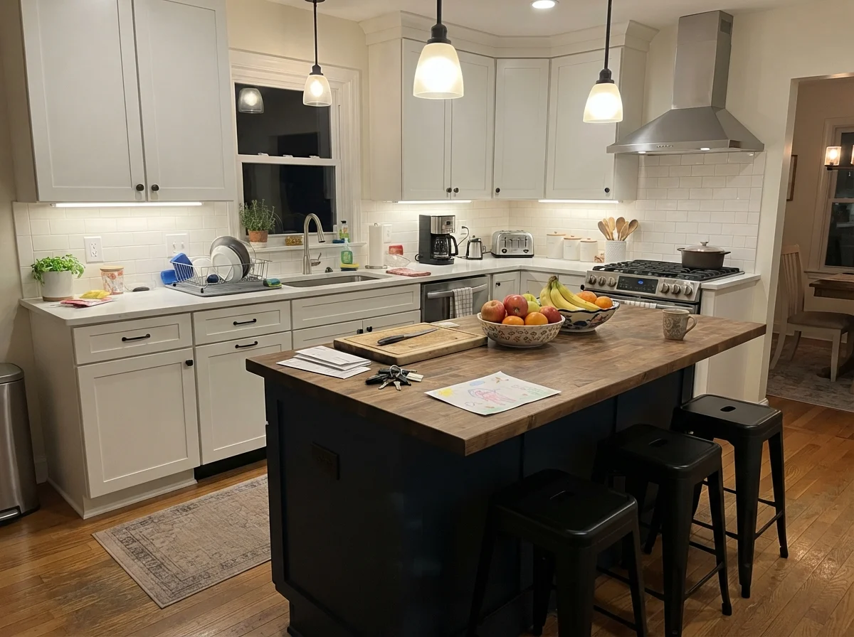 Kitchen island painted crisp white surrounded by white cabinets and everyday family clutter.