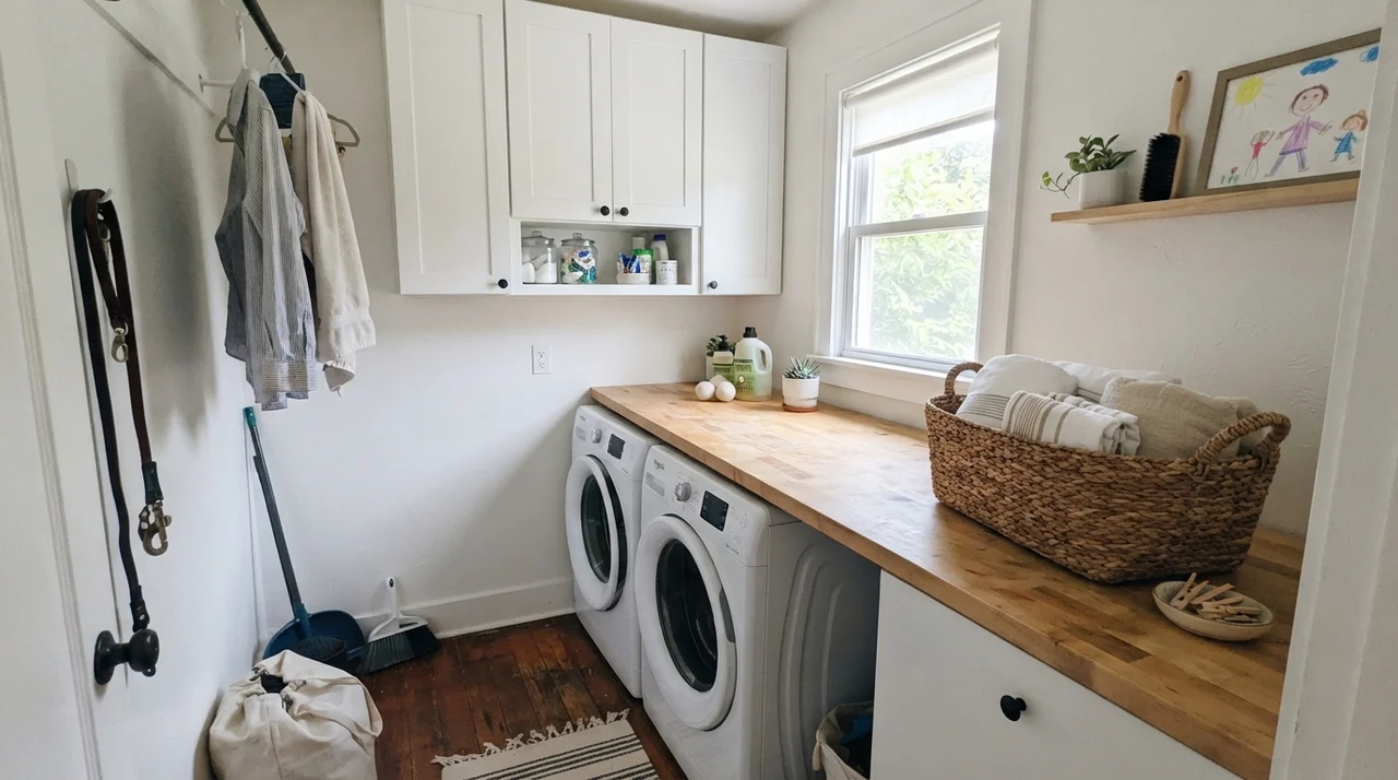 Bright laundry room with painted walls, butcher-block counter, and woven basket.