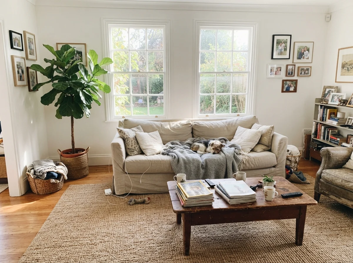 Living room with painted walls, linen sofa, wood coffee table, and jute rug.