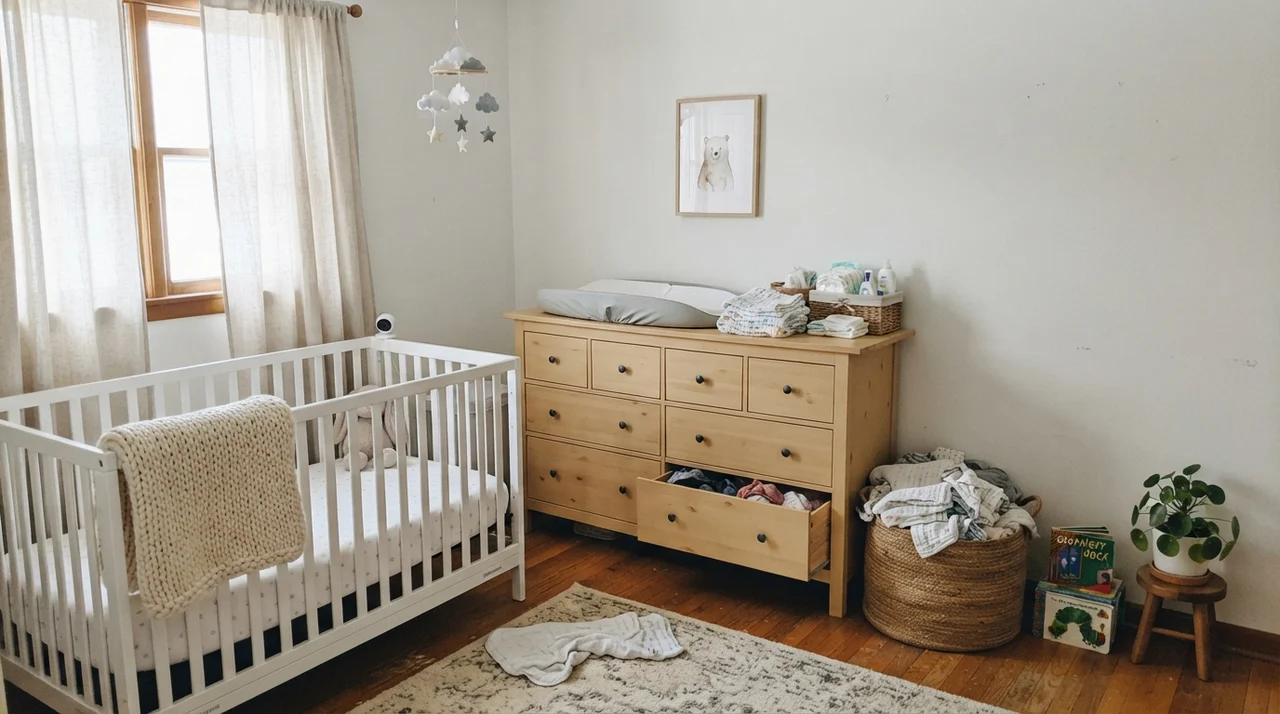 Nursery with white crib, light wood dresser, and painted walls in gentle daylight.