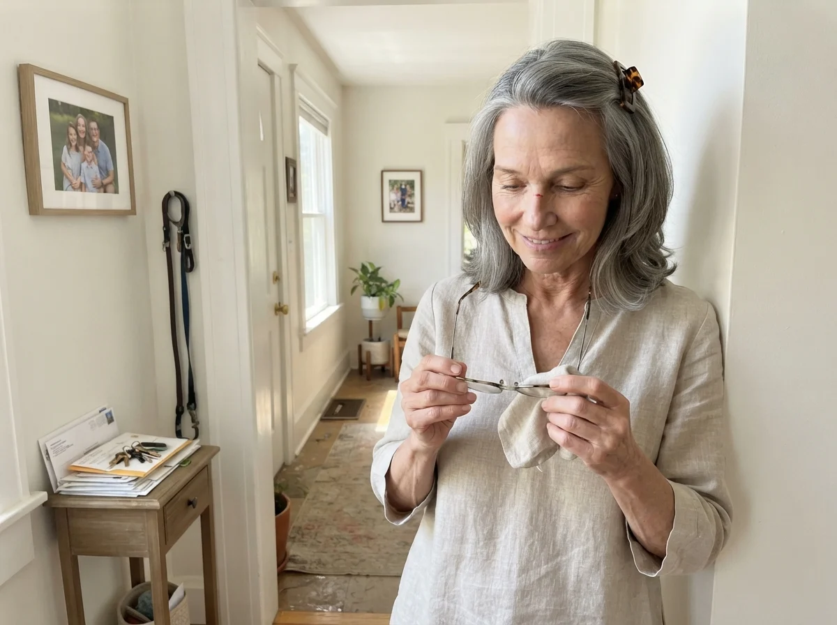 Susan Hartley wiping her glasses beside a sunlit doorway painted in Sherwin-Williams Extra White.