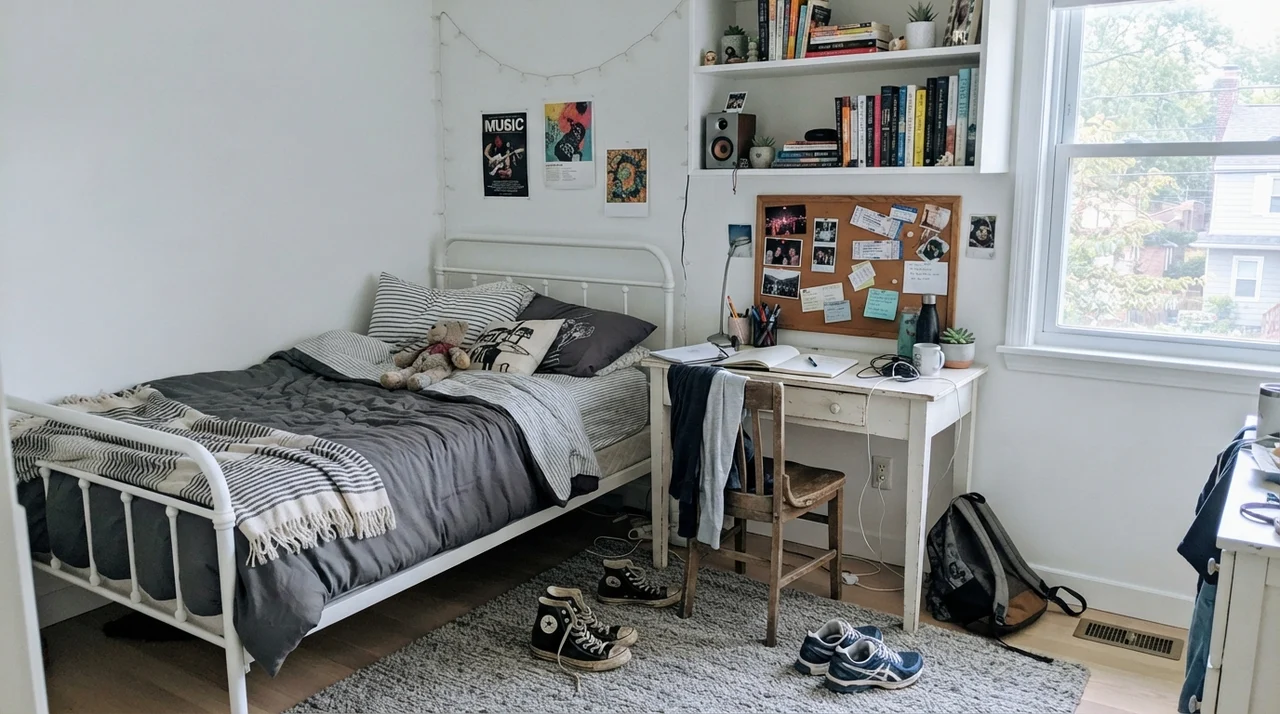 Teen bedroom with white metal bed frame, small desk, and painted walls.
