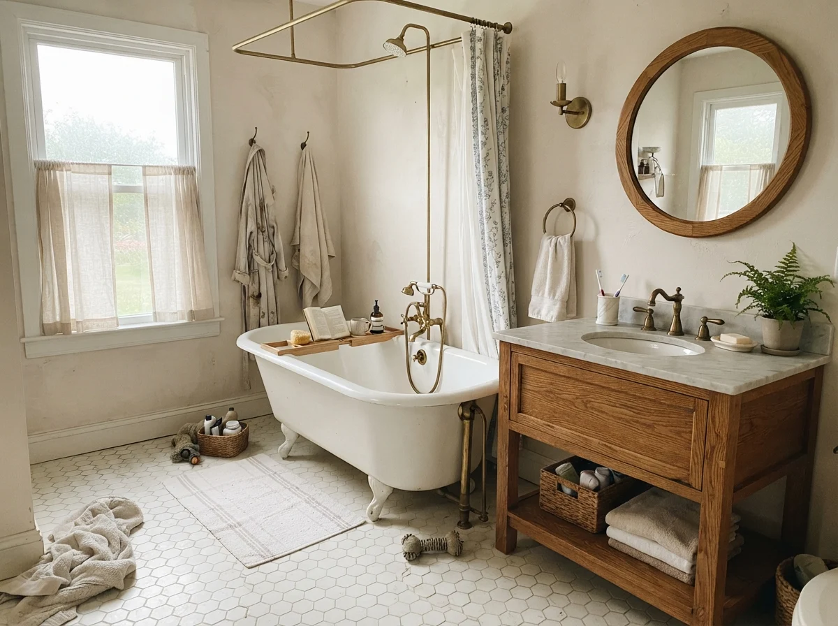 Cottage bathroom with white clawfoot tub, hex tile, oak vanity, and Greek Villa walls.