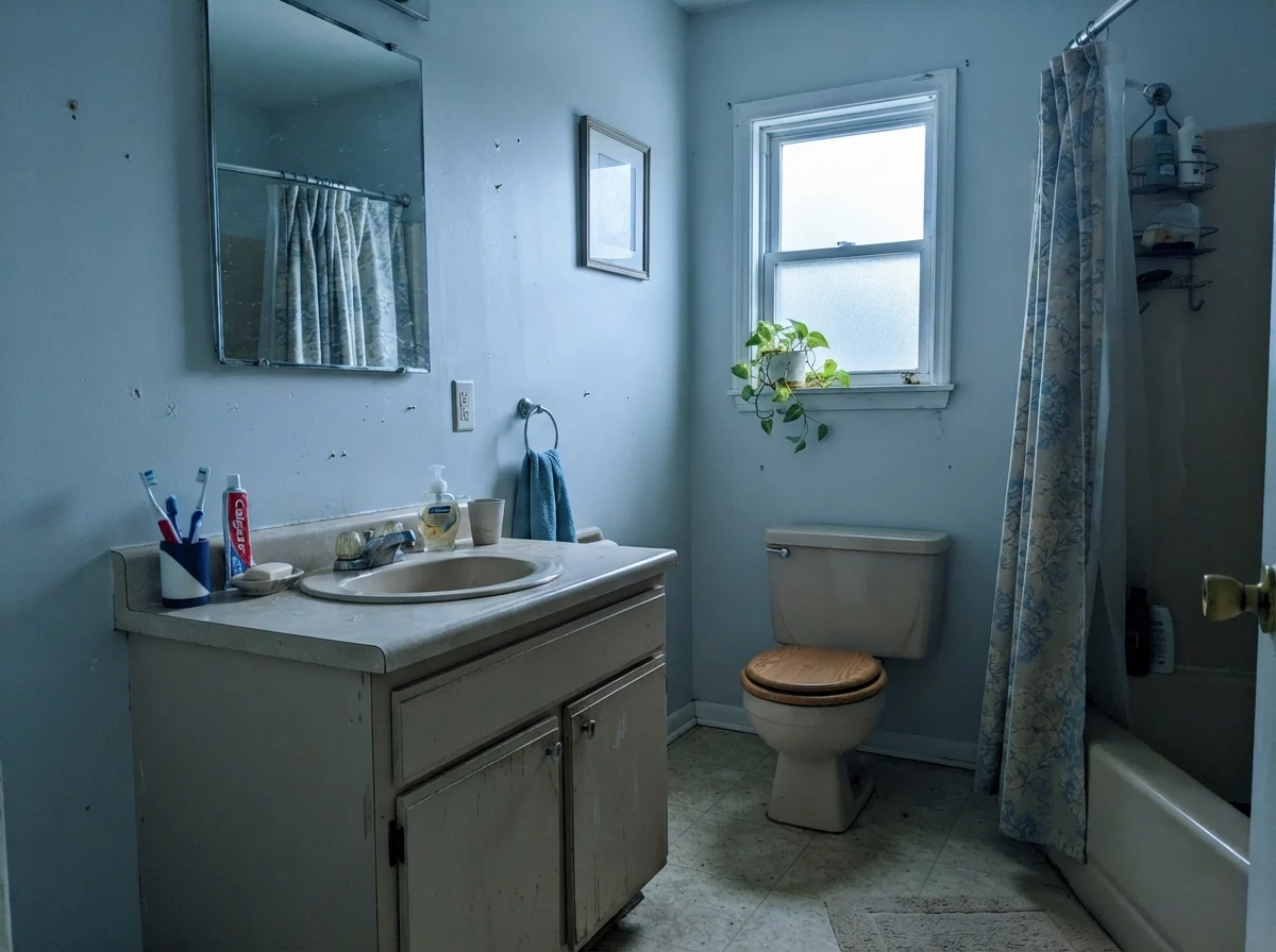 Dated bathroom showing Greek Villa taking on a cool cast in rainy north light.