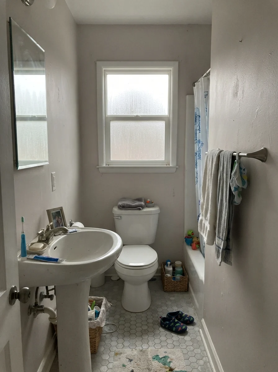 Small bathroom with Greek Villa walls in flat overcast daylight.
