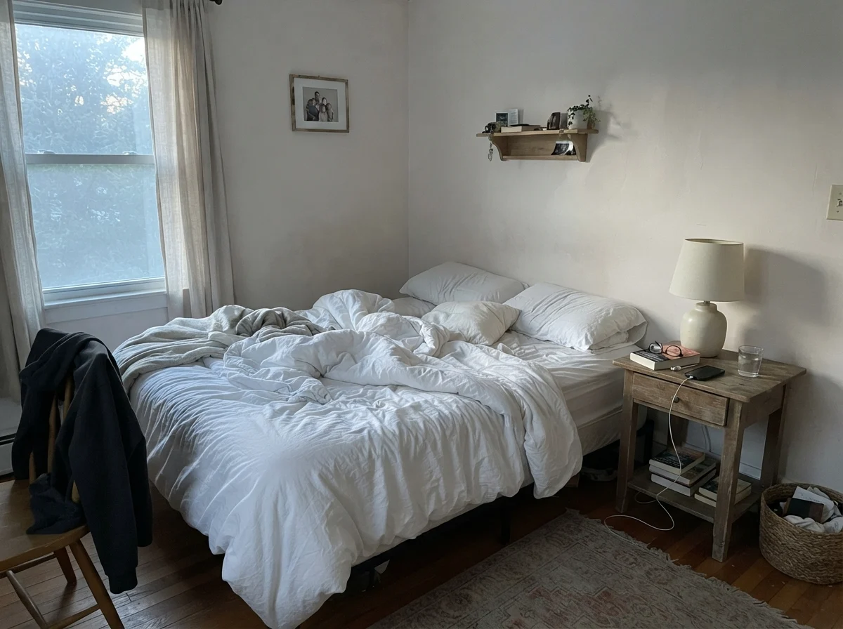 Bedroom with Greek Villa walls appearing washed out in early morning light.