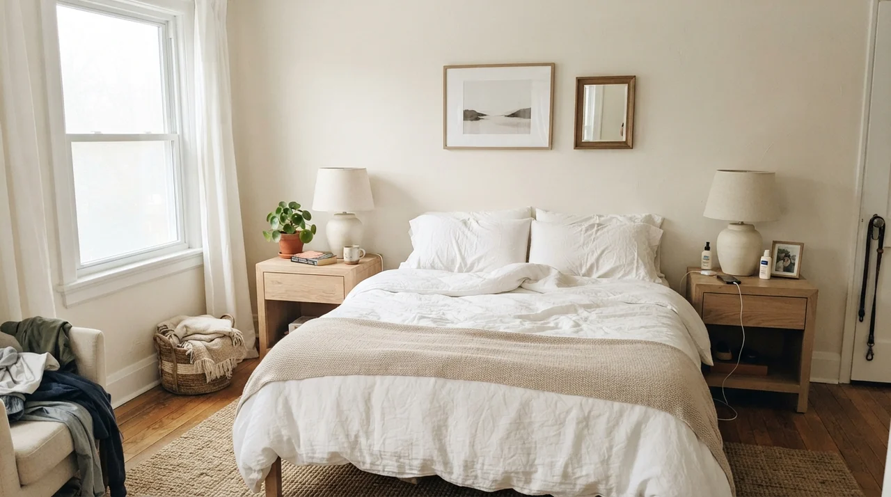 Serene main bedroom with Greek Villa walls, pale oak nightstands, and white linen bedding.