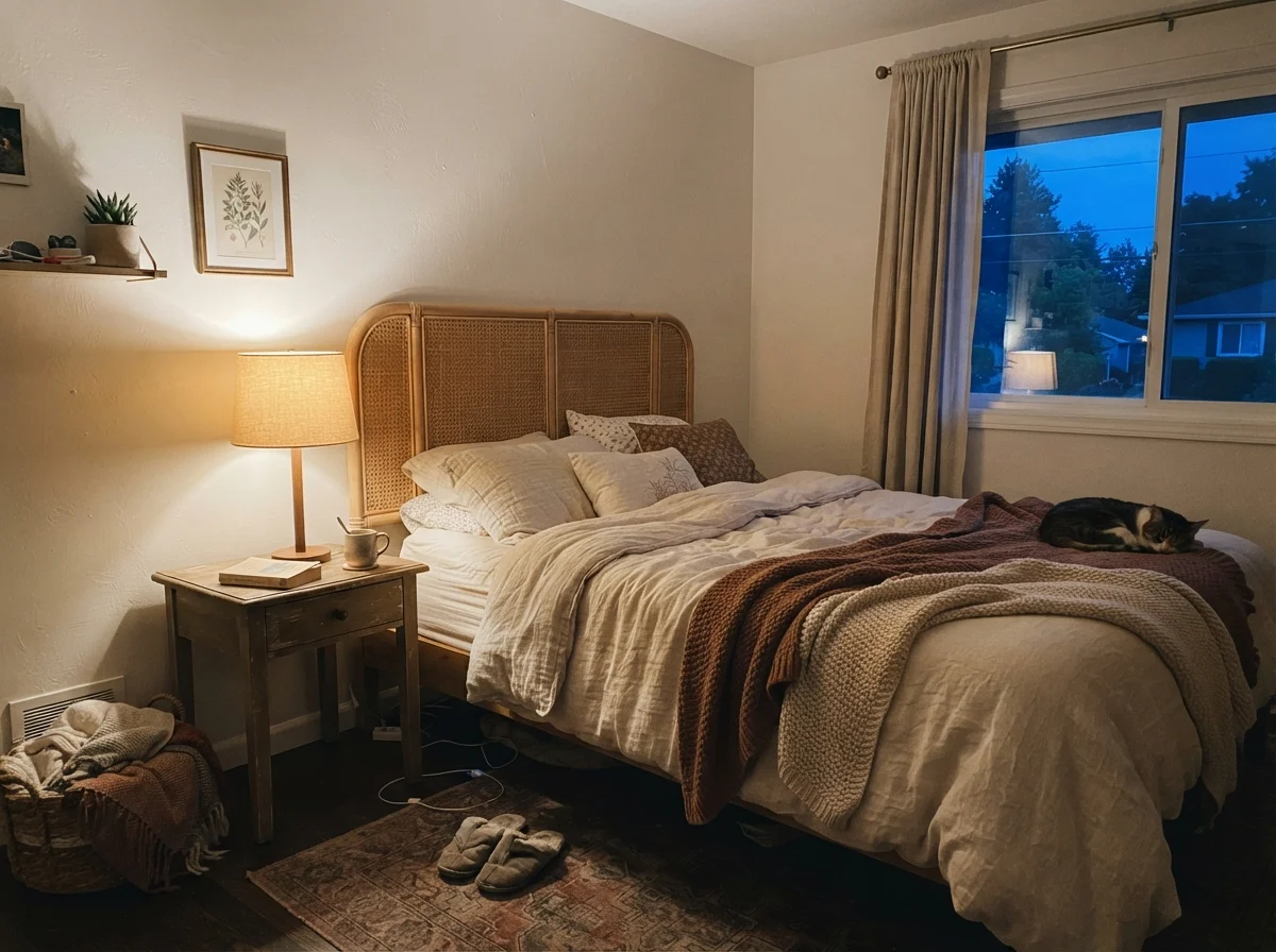 Cozy bedroom with Greek Villa illuminated by a warm table lamp at dusk.