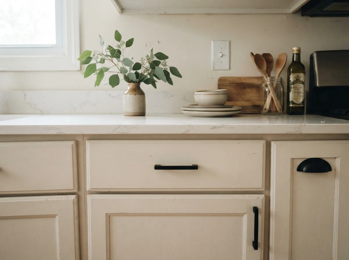 Close-up of Greek Villa kitchen cabinets with matte black pulls and quartz counter.