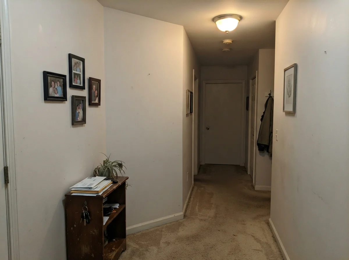 Windowless hallway corner where Greek Villa looks dull, muddy, and putty-colored.