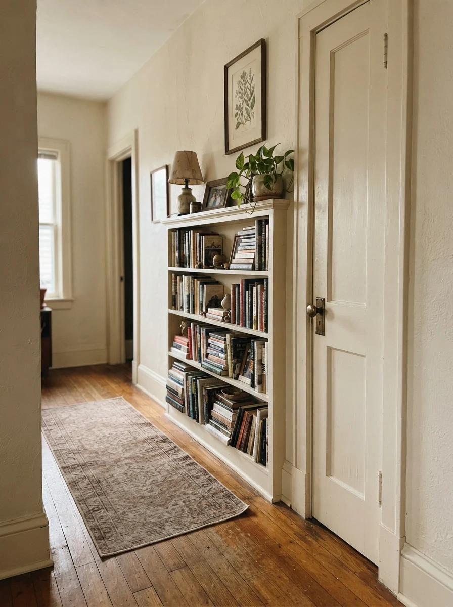 Interior door and built-in bookshelf painted Greek Villa with brass hardware.