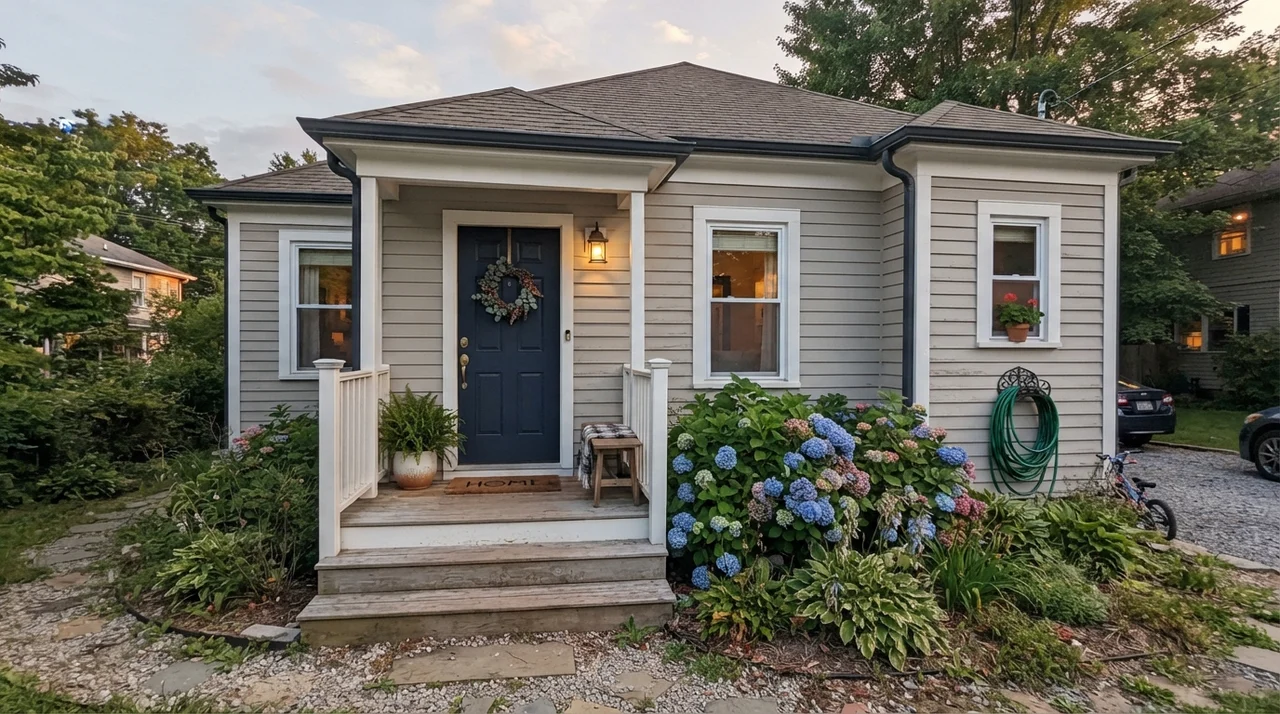 Exterior of house with Greek Villa siding, dark navy front door, and white trim.
