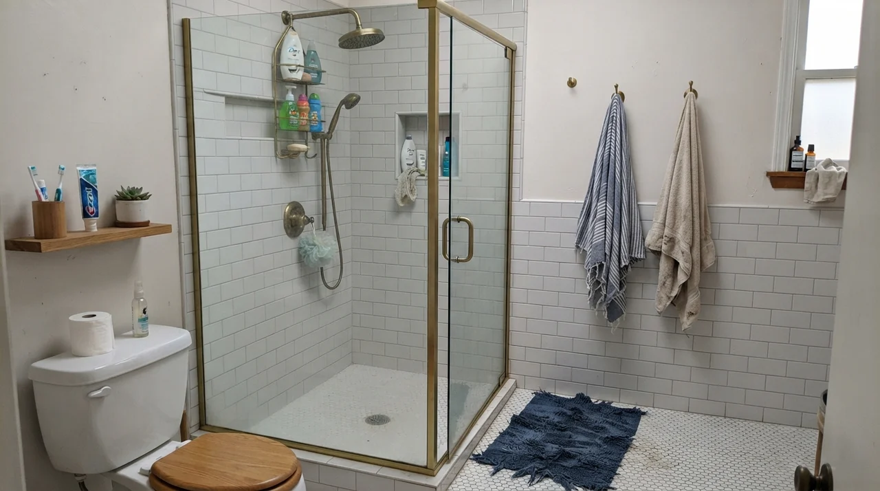 Family bathroom painted in Sherwin-Williams Greek Villa above white subway tile wainscoting with brass fixtures.
