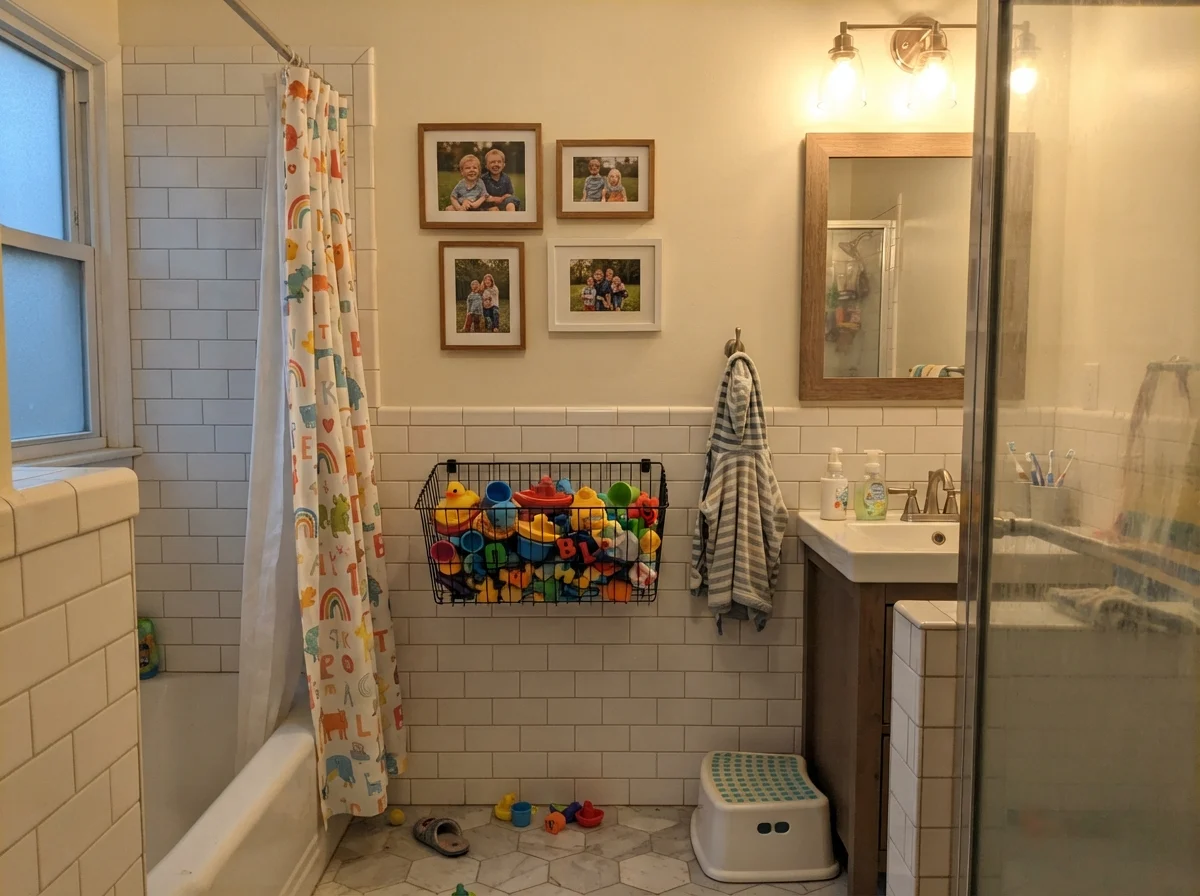 Kids bathroom with Greek Villa walls, subway tile, and bath toys.