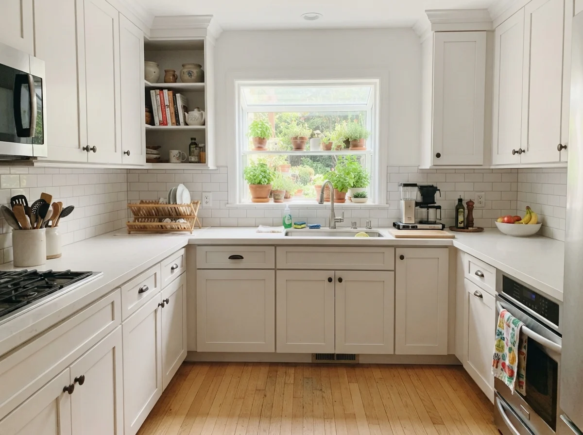 Kitchen shaker cabinets painted Greek Villa with light oak floors.