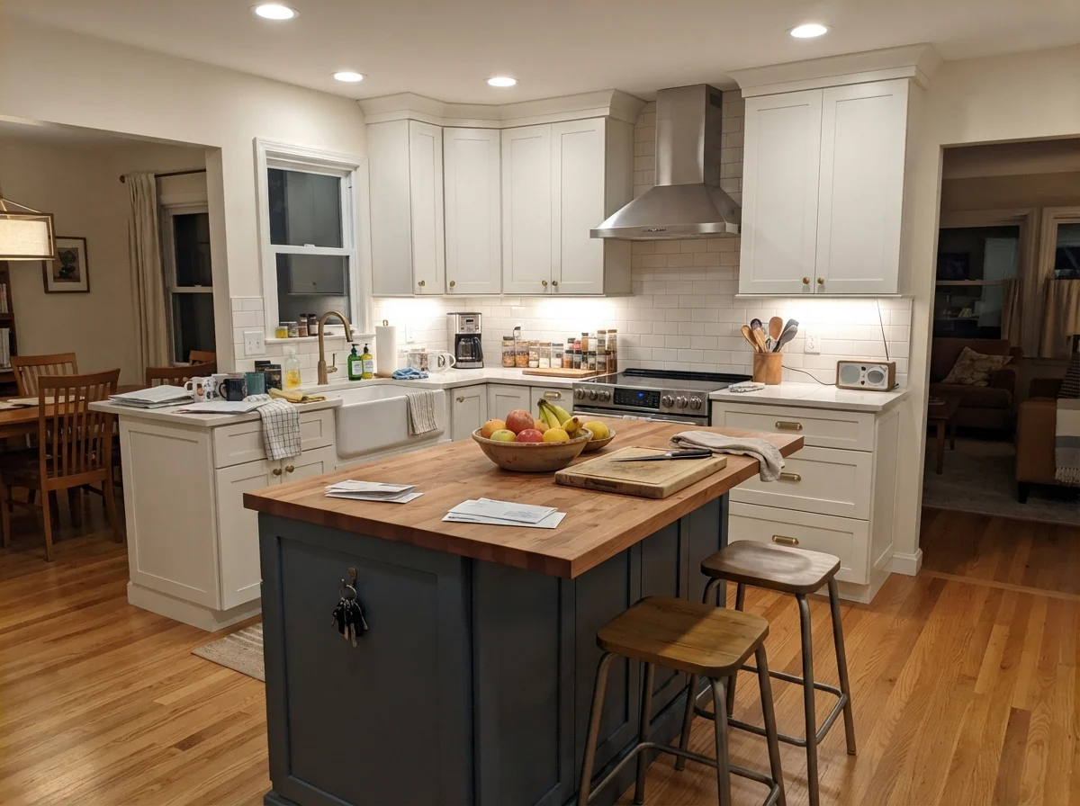 Kitchen island painted in Greek Villa with white perimeter cabinets.