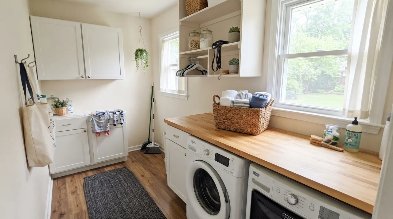 Small laundry room painted in Greek Villa with butcher-block counter and woven basket.