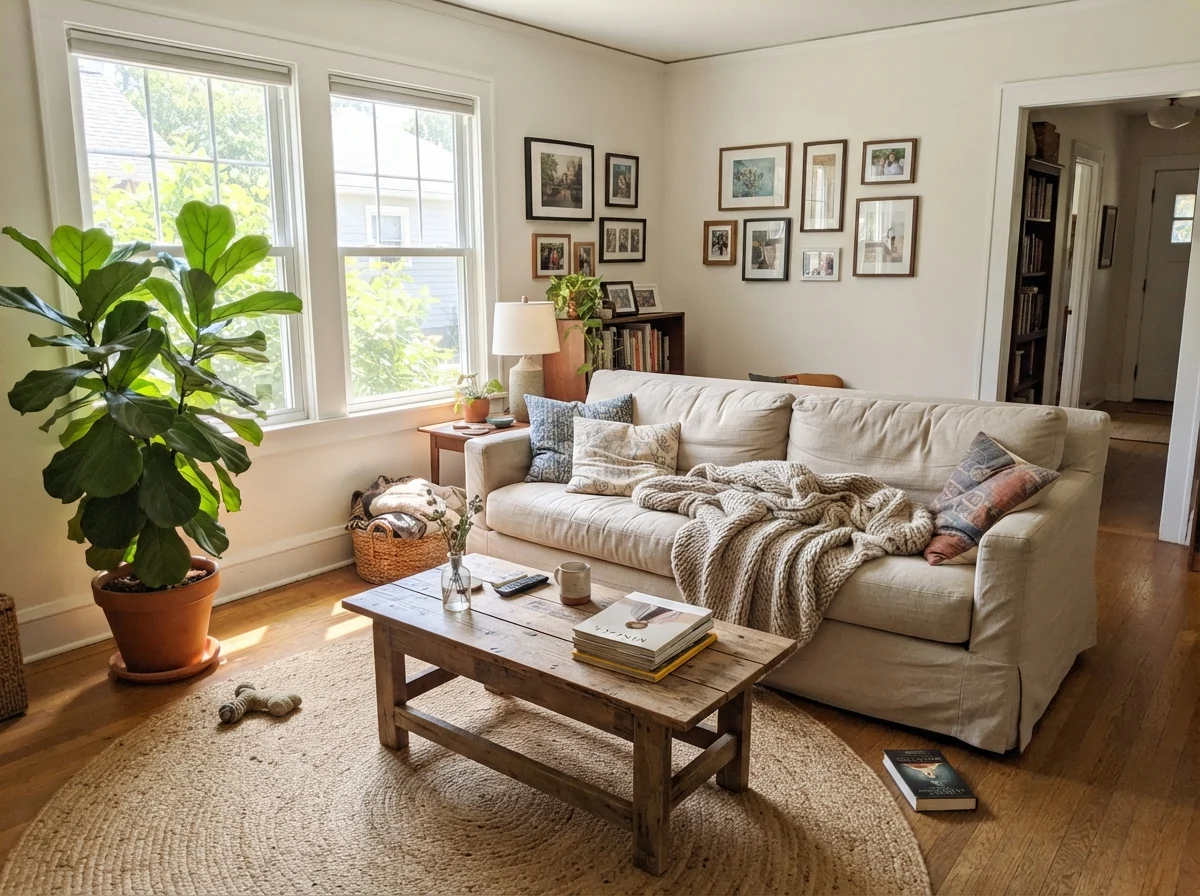 Bright living room with Greek Villa walls, linen sofa, wood table, and jute rug.