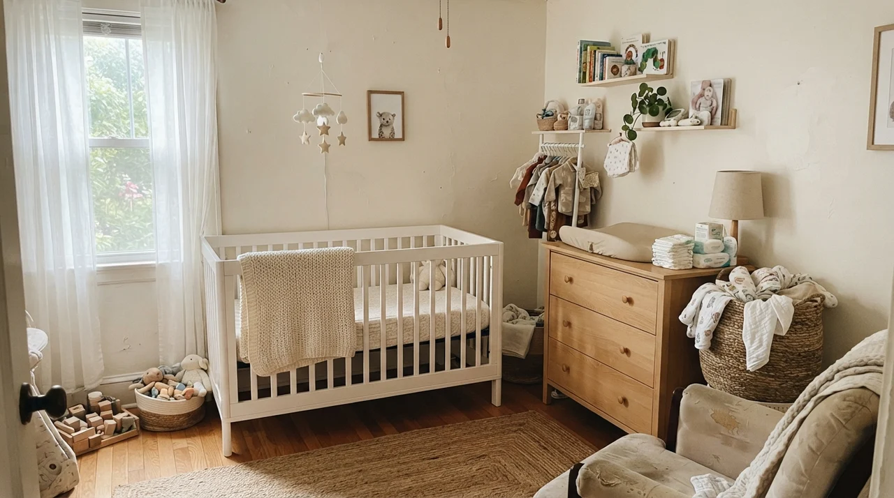 Nursery with Greek Villa walls, white crib, and light wood dresser.