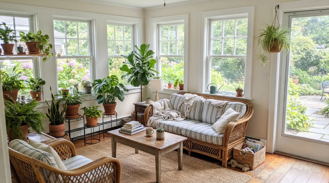 Sunroom with Greek Villa walls, terracotta pots, rattan furniture, and white windows.