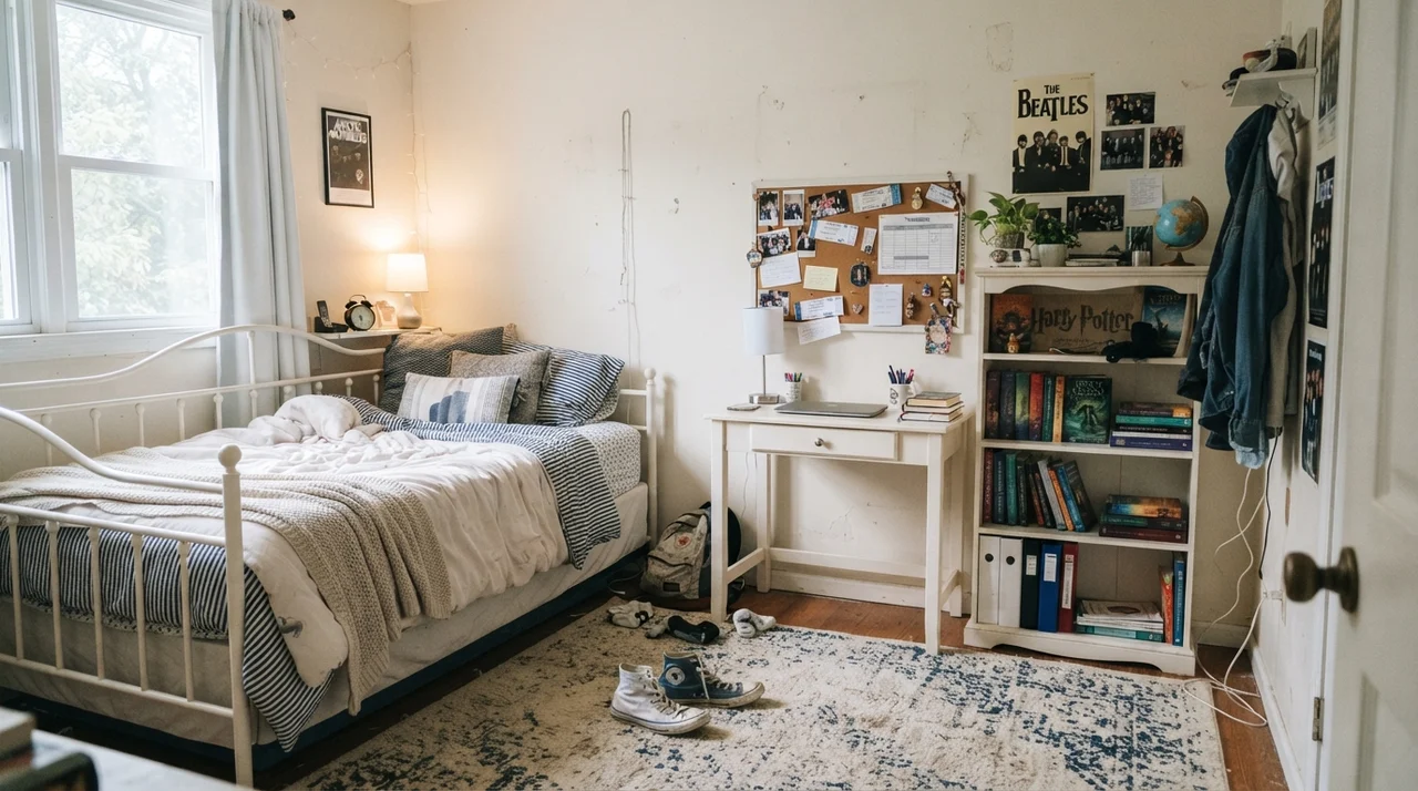 Teenager bedroom with Greek Villa walls and white desk.