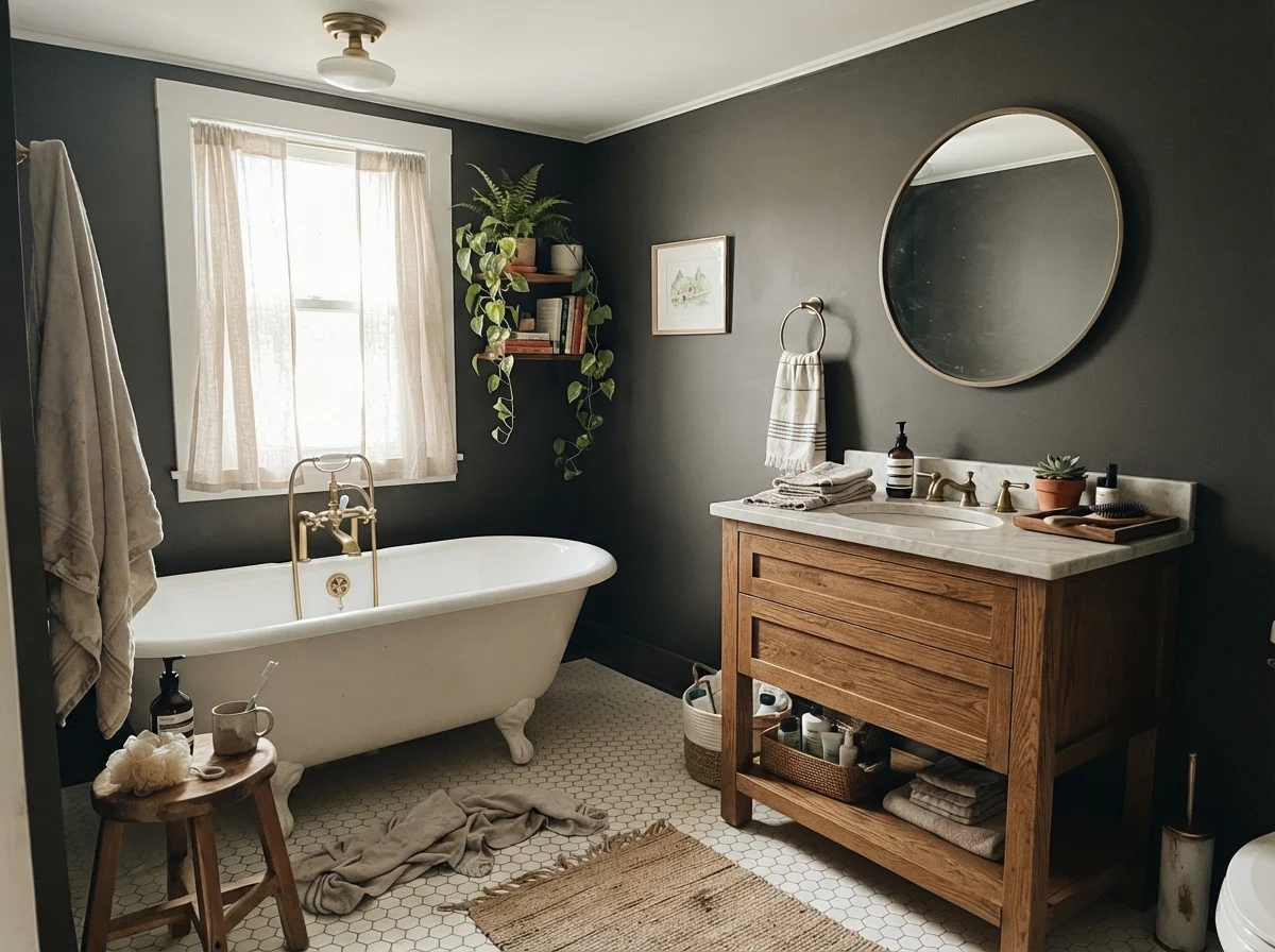Bright morning daylight in a cottage bathroom with clawfoot tub and dark charcoal walls.