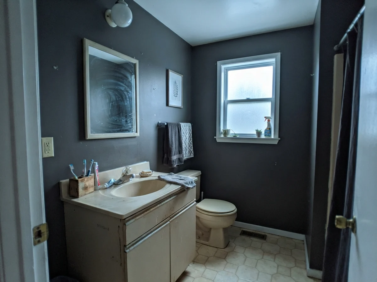 Dated bathroom showing cool tones on Iron Ore painted wall near a small window.